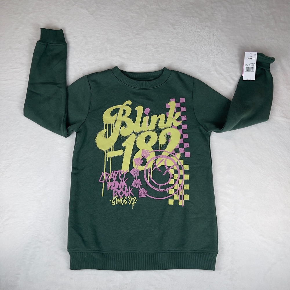 Blink-182 Sweatshirt Womens Size XS Green Graphic Stretch Raglan Sleeve Pullover